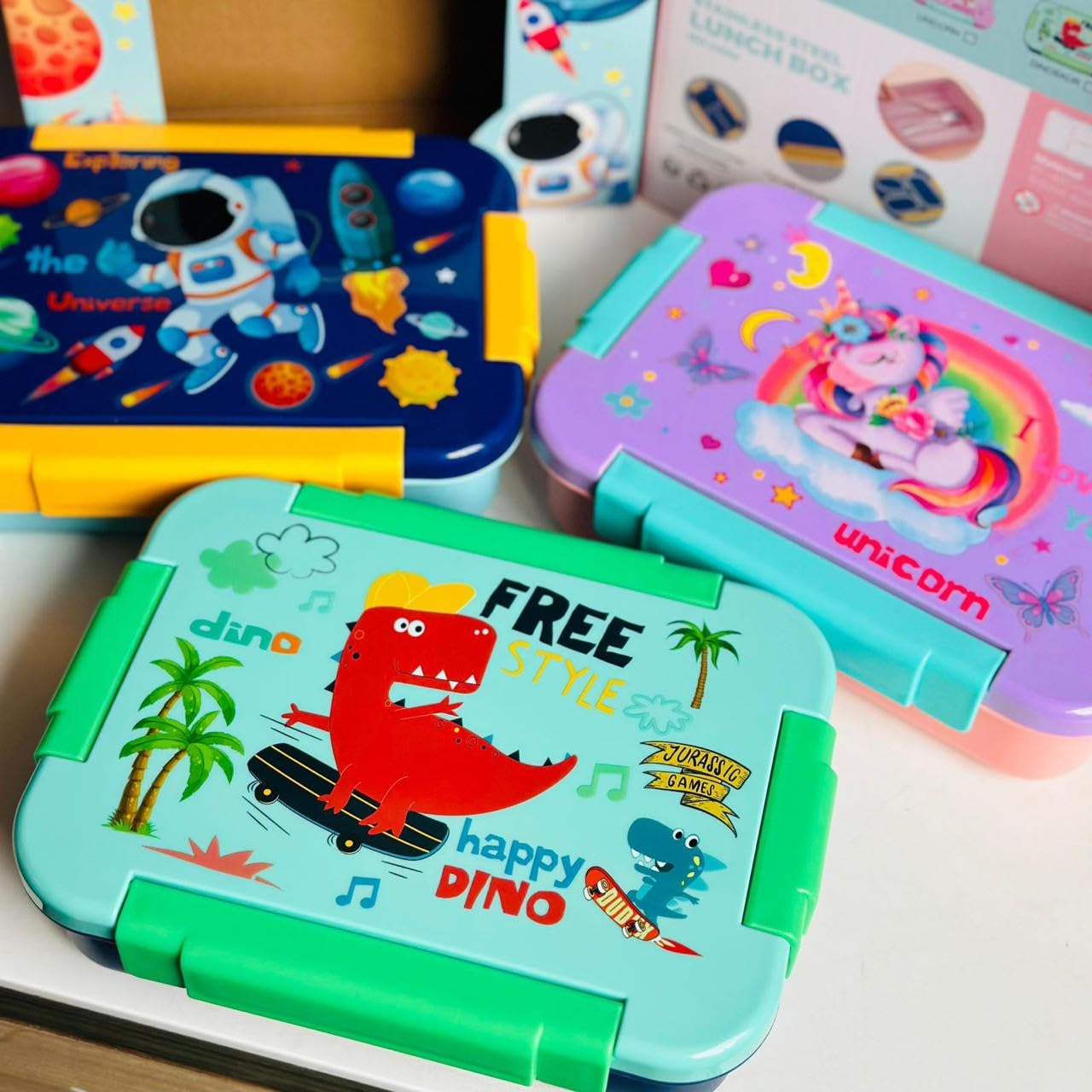 Stainless Steel Kids Lunch Box with 3 compartments Unicorn Spaceship and dinosaur 710ml