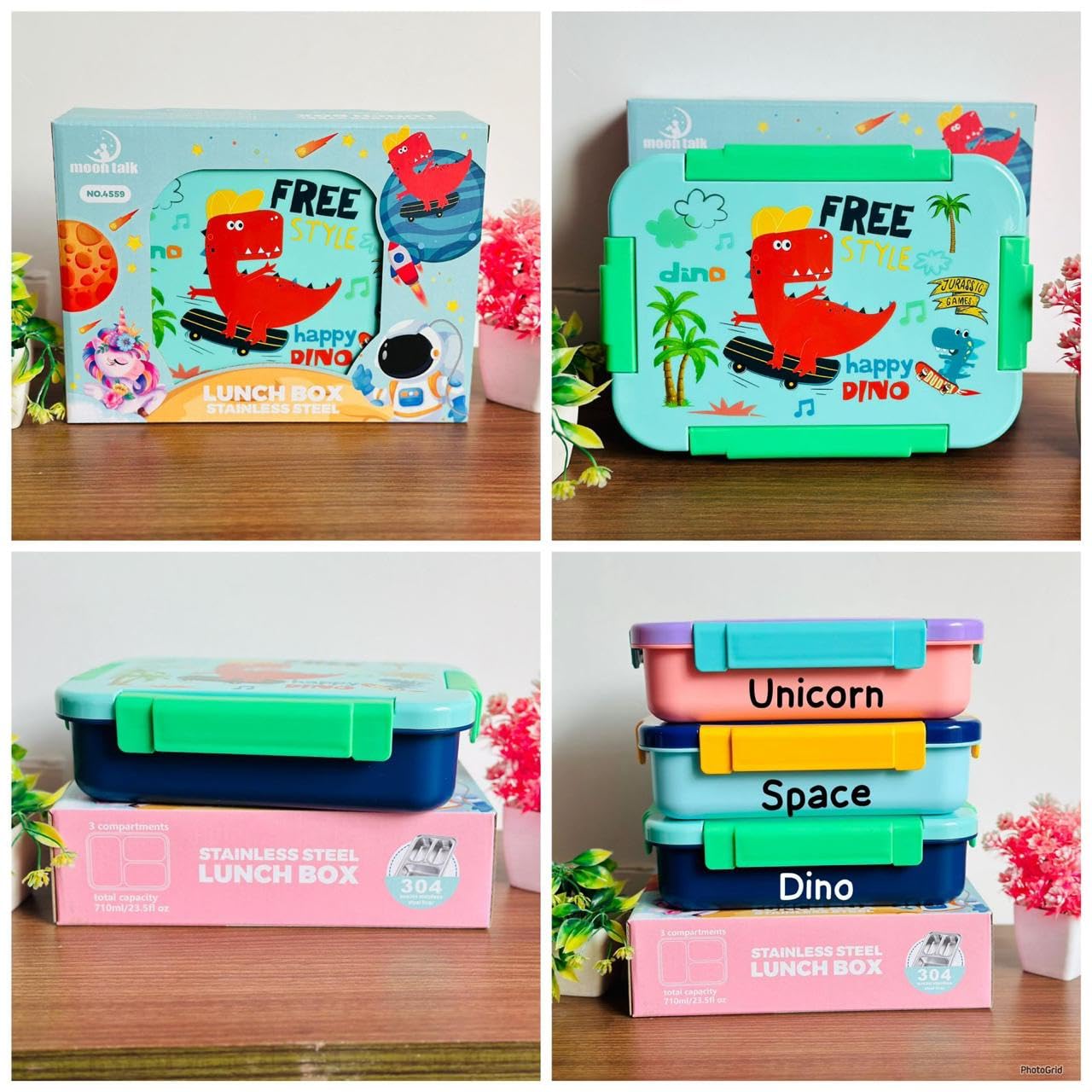 Stainless Steel Kids Lunch Box with 3 compartments Unicorn Spaceship and dinosaur 710ml