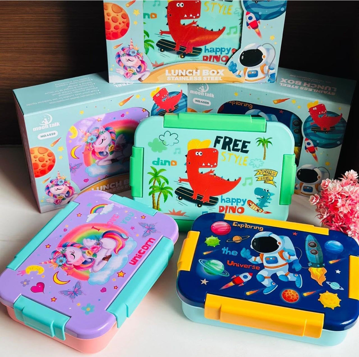 Stainless Steel Kids Lunch Box with 3 compartments Unicorn Spaceship and dinosaur 710ml