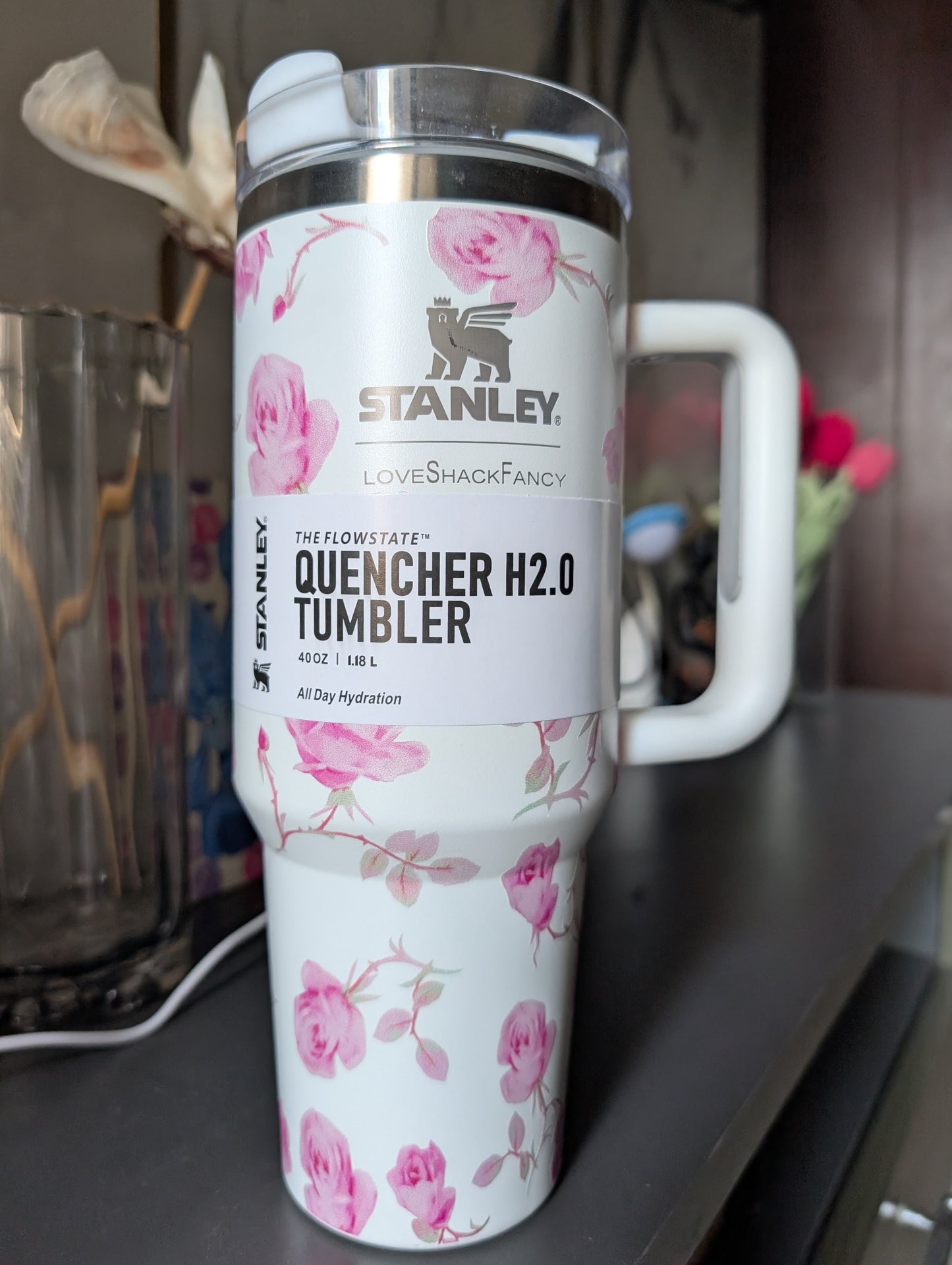 Stanley tumbler placed on a table