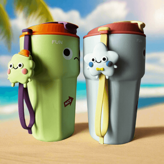 Green and blue sipper bottle with a cheerful smiley face design to beat the summer