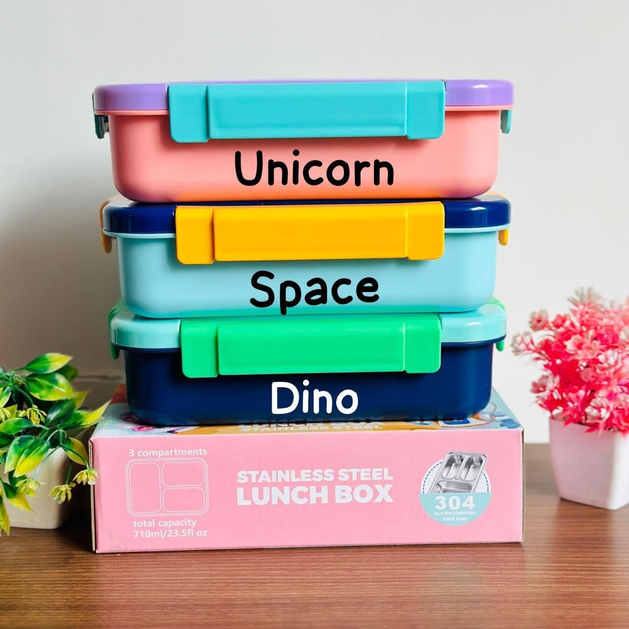Stainless Steel Kids Lunch Box with 3 compartments Unicorn Spaceship and dinosaur 710ml