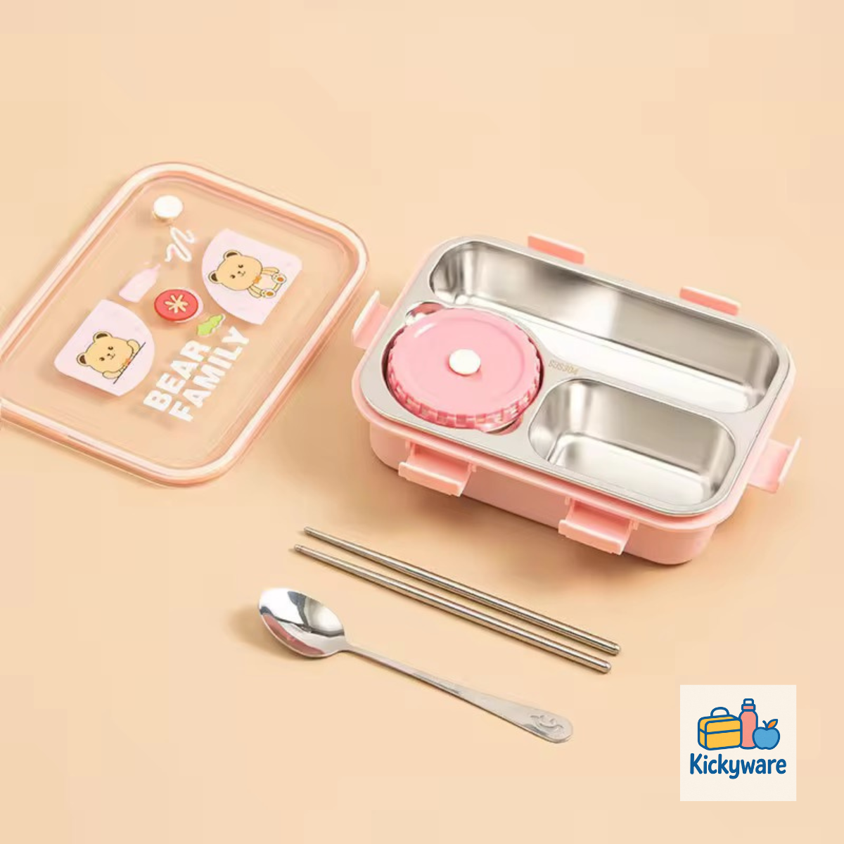Kickyware Bear Family 3 Compartment Lunch Box Leak-proof stainless steel insulated thermo Bento