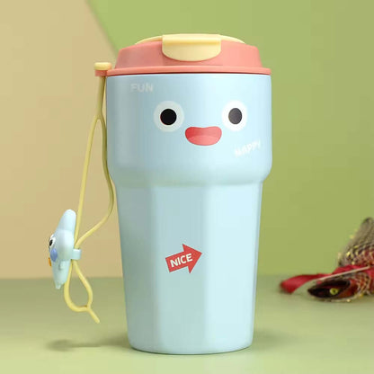 blue sipper bottle with a relaxed smiley face design