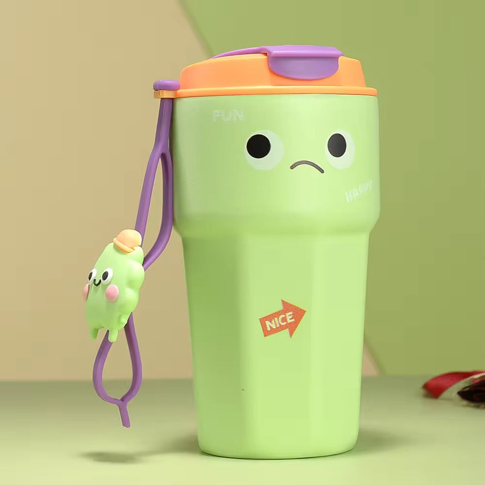 Green sipper bottle with a pensive smiley face design