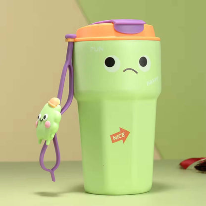 Green sipper bottle with a pensive smiley face design